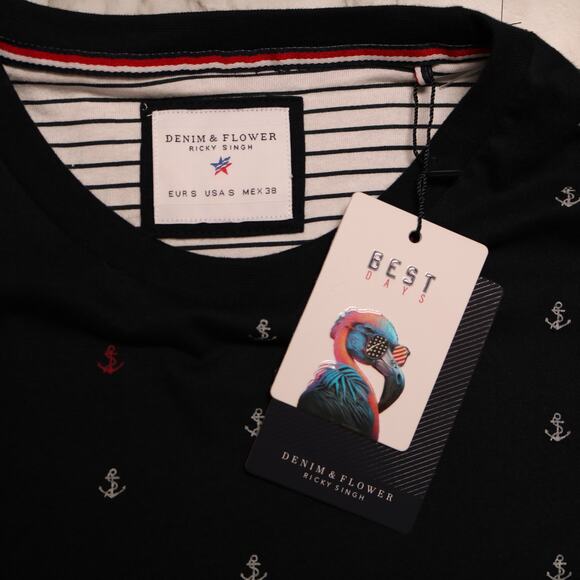 Denim & Flower Navy Anchor Print Short Sleeve Crewneck T-Shirt Cotton Size S - Picture 5 of 8